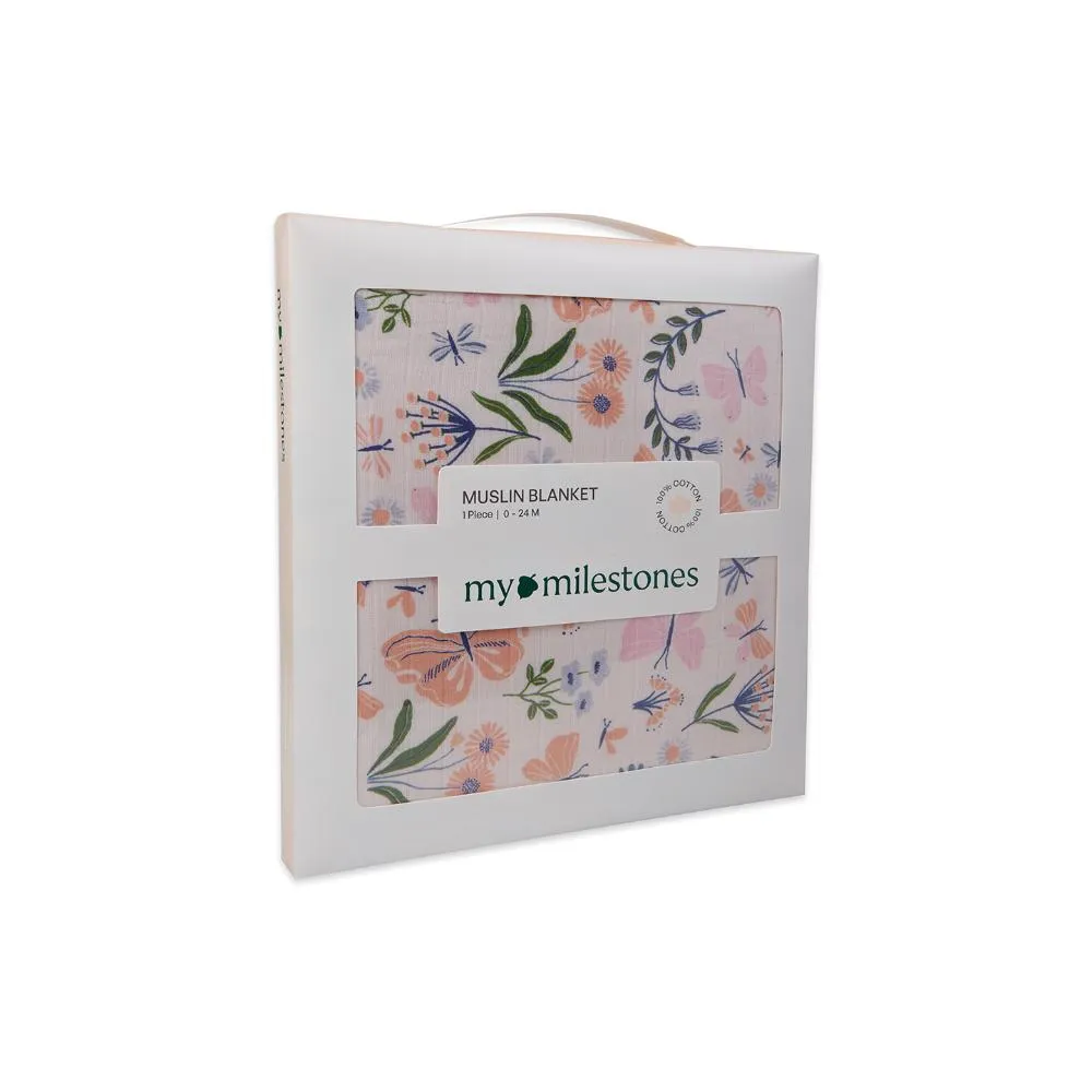 100% Premium Cotton 4/6  Layered Baby Muslin Blanket Butterfly Print - Peach - (43x43 Inches)