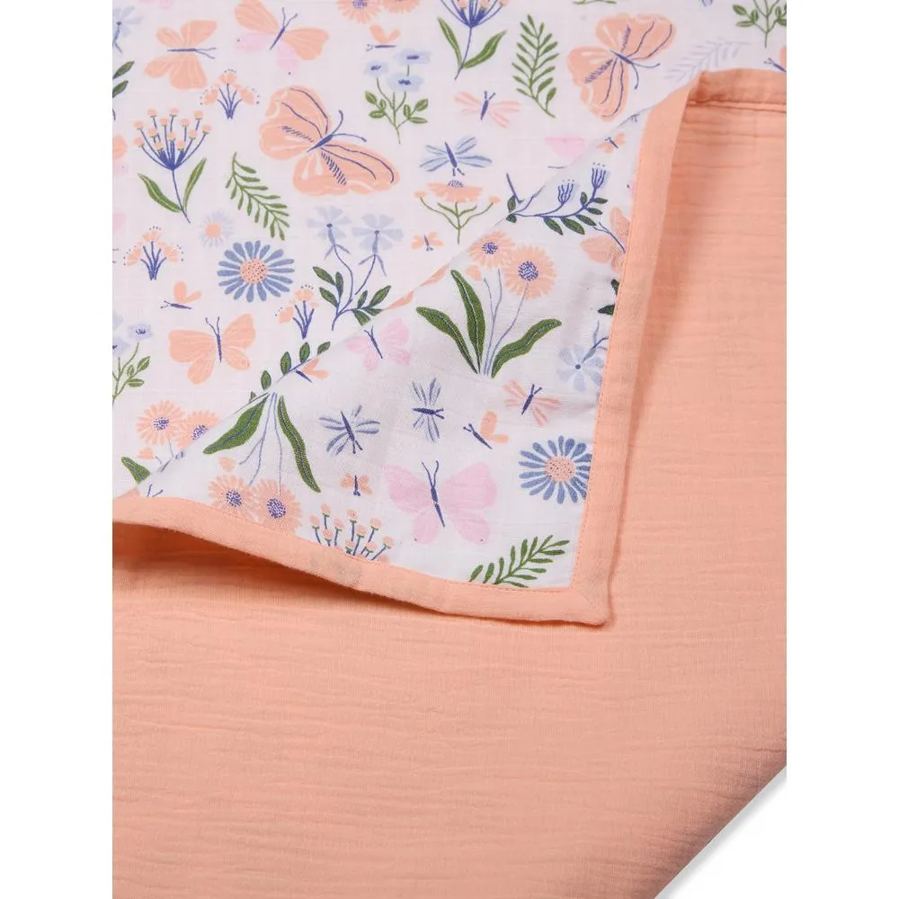 100% Premium Cotton 4/6  Layered Baby Muslin Blanket Butterfly Print - Peach - (43x43 Inches)