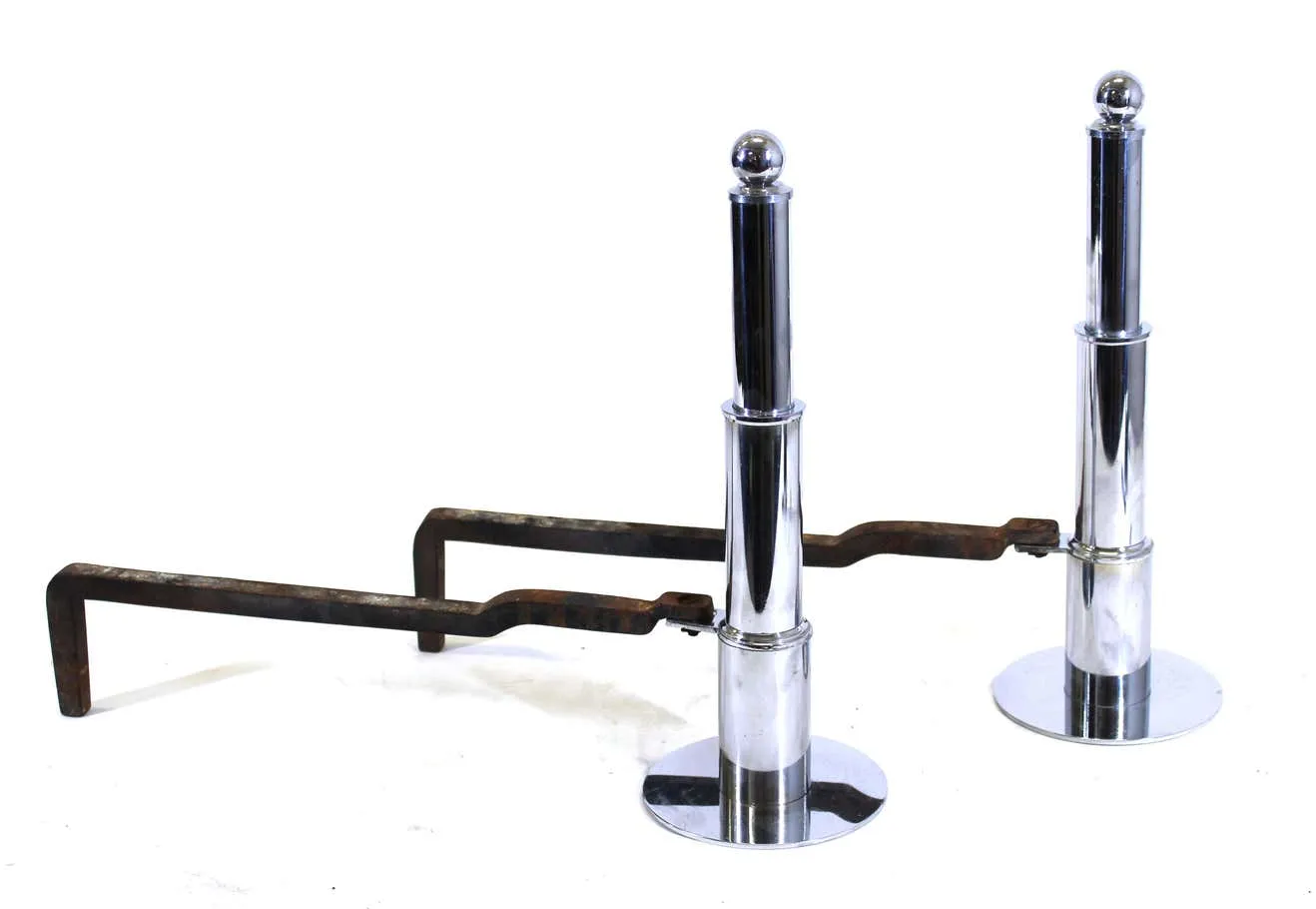 American Art Deco Chromed Metal 'Skyscraper Style' Andirons