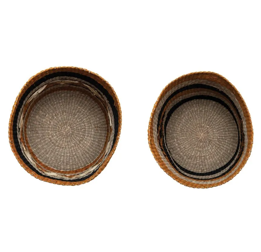 Hand-Woven Seagrass Baskets with Design, Set of 2