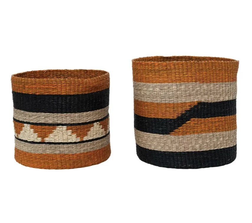 Hand-Woven Seagrass Baskets with Design, Set of 2