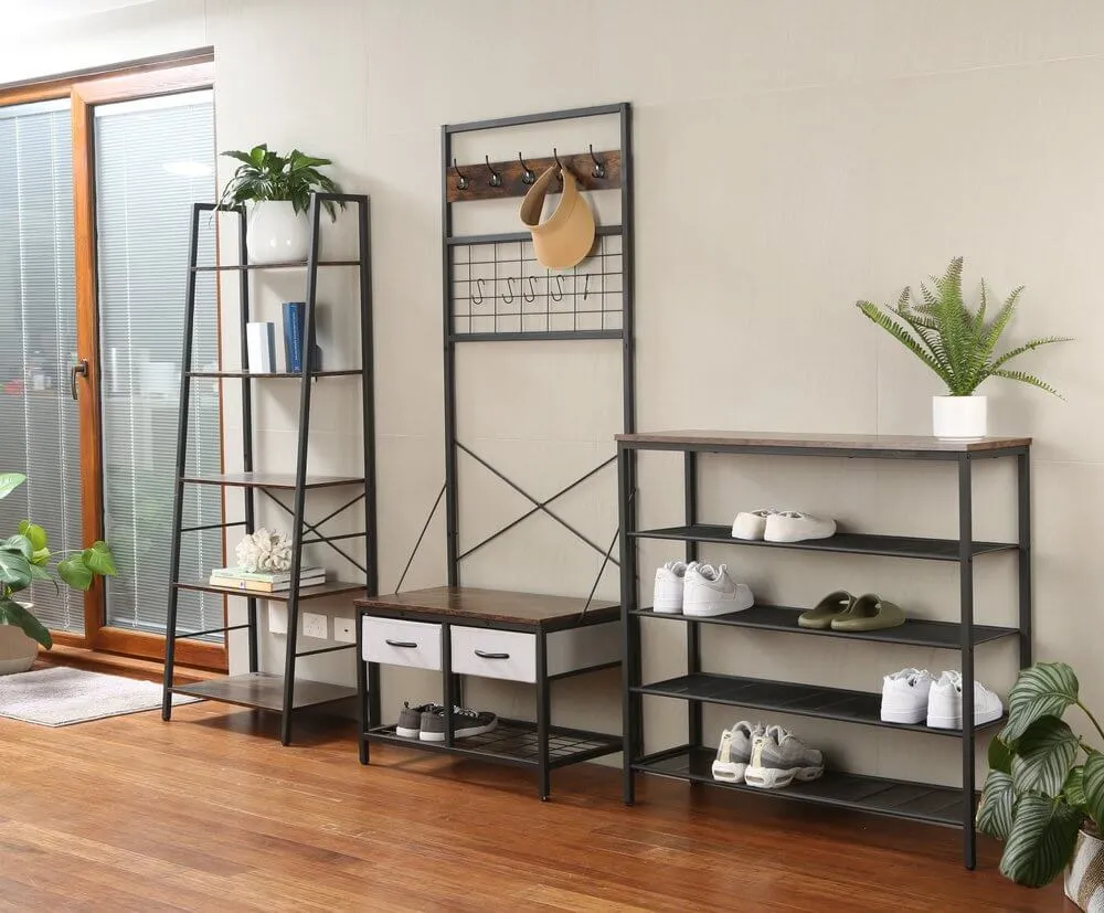 Rustic 5 Tier Shelf Unit Dark Wood & Matte Black