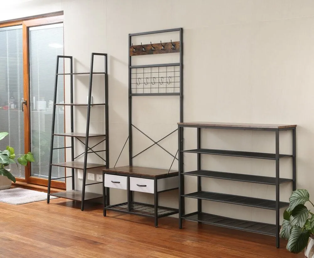 Rustic 5 Tier Shelf Unit Dark Wood & Matte Black