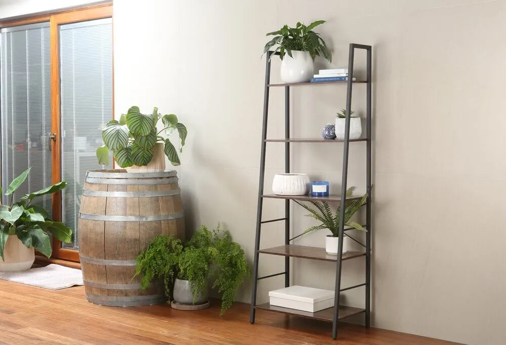 Rustic 5 Tier Shelf Unit Dark Wood & Matte Black