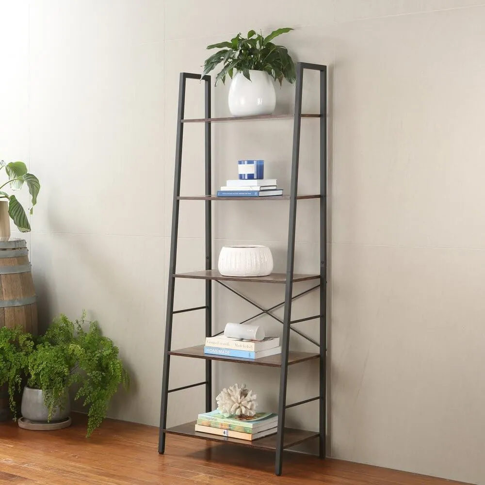 Rustic 5 Tier Shelf Unit Dark Wood & Matte Black