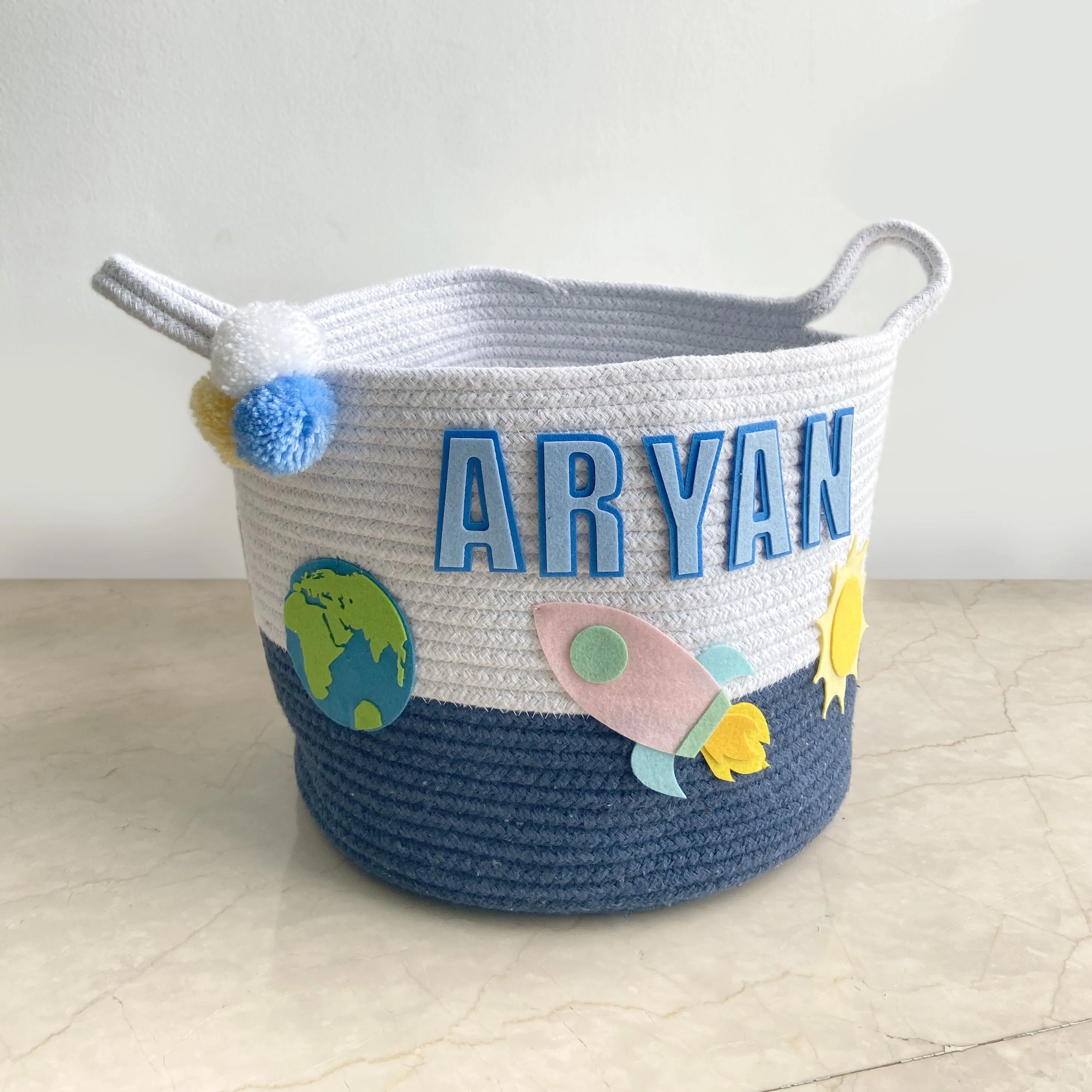 SOLAR SYSTEM NAVY ROPE PERSONALISED STORAGE BASKET - SET OF 2